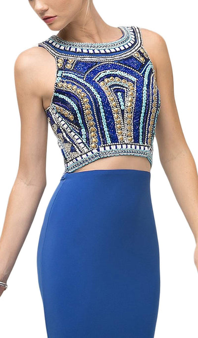 Ladivine - CK39 Two Piece Beaded Halter Trumpet Dress In Blue