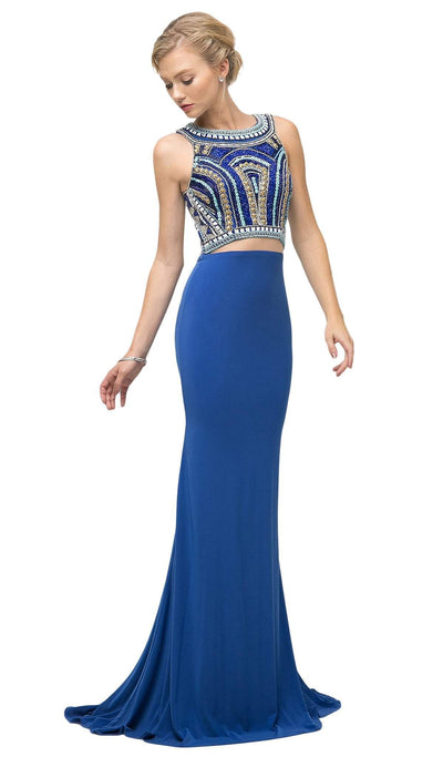 Ladivine - CK39 Two Piece Beaded Halter Trumpet Dress In Blue