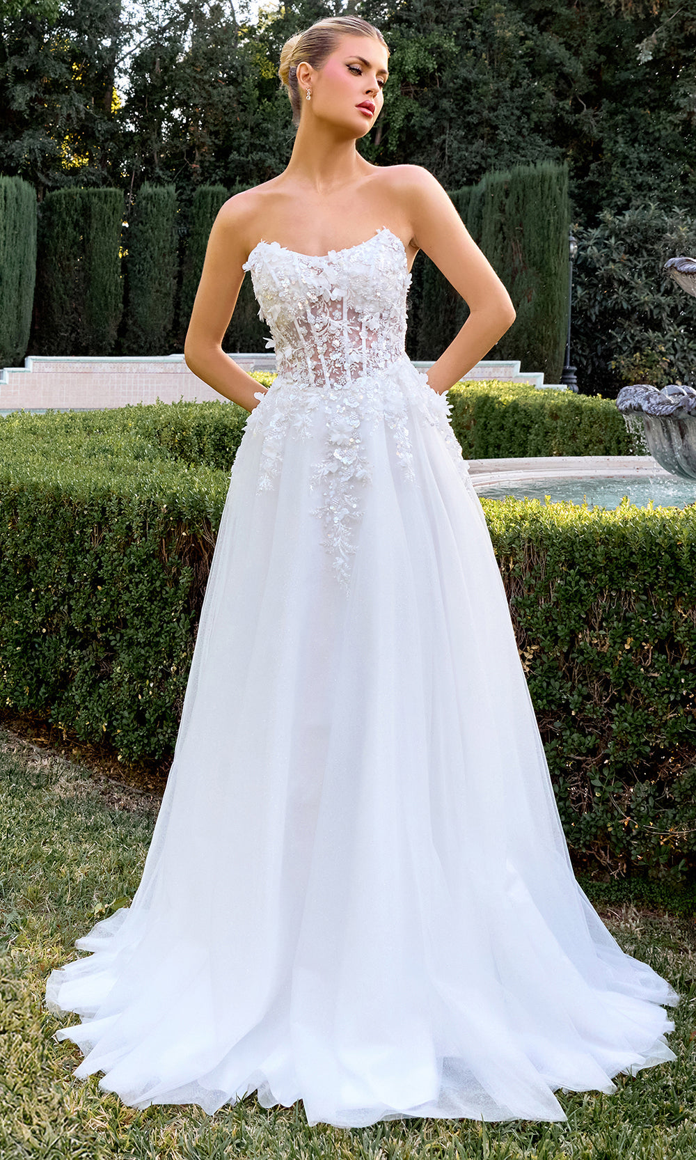 Ladivine C174 - Corset Lace-Up Embellished Strapless Gown Prom Dresses in White