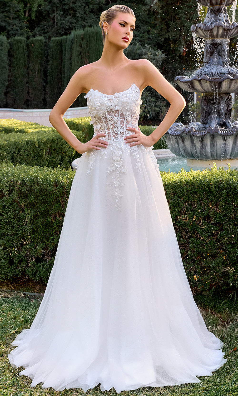 Ladivine C174 - Corset Lace-Up Embellished Strapless Gown Prom Dresses in White