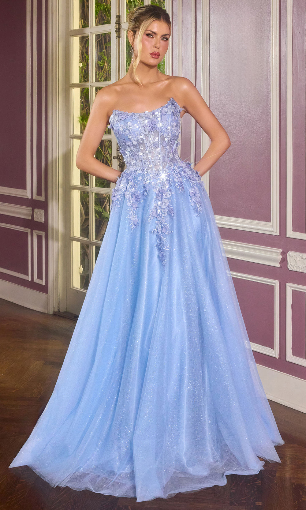 Ladivine C174 - Corset Lace-Up Embellished Strapless Gown Prom Dresses in Blue