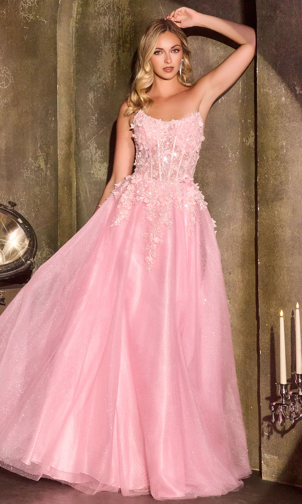 Ladivine C174 - Corset Lace-Up Embellished Strapless Gown Prom Dresses in Pink