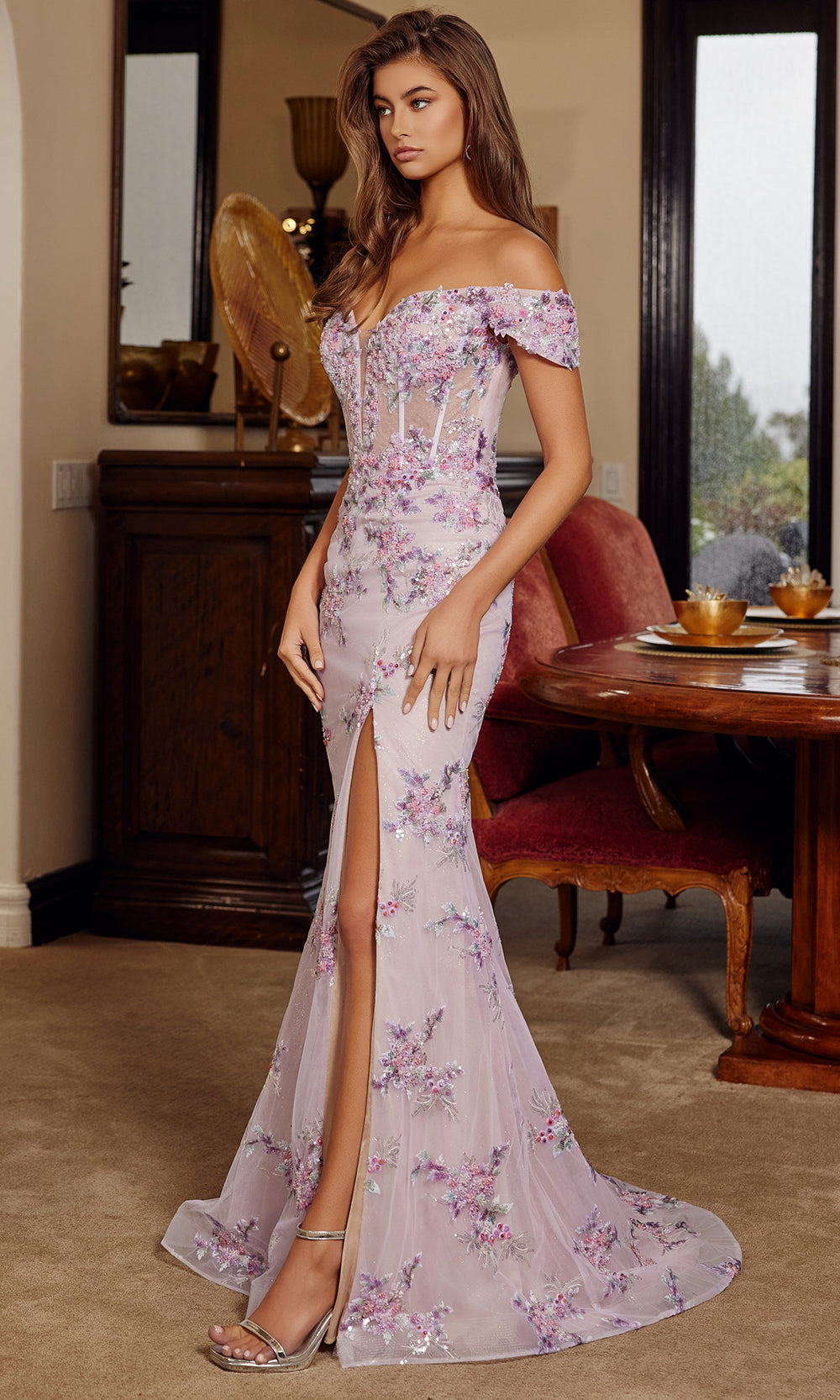 Nox Anabel C1829 - Floral Applique Illusion Evening Dress Prom Dresses