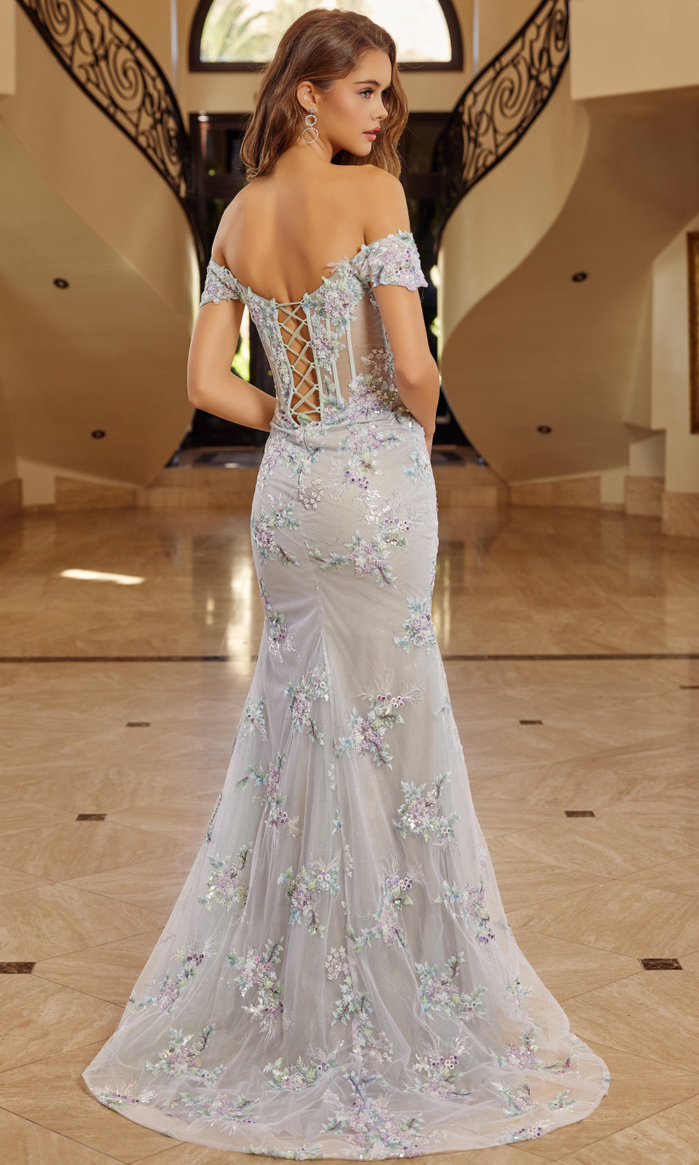 Nox Anabel C1829 - Floral Applique Illusion Evening Dress Prom Dresses