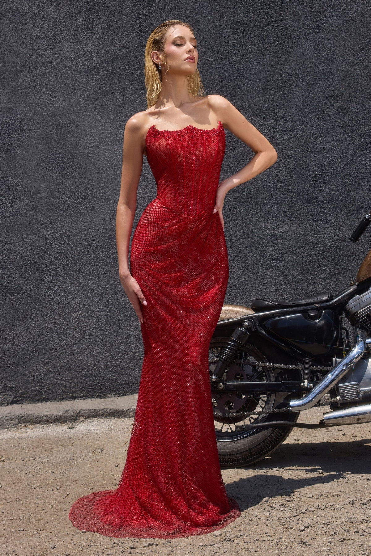 Ladivine CB162 - Beaded Mesh Sheath Evening Gown In Red