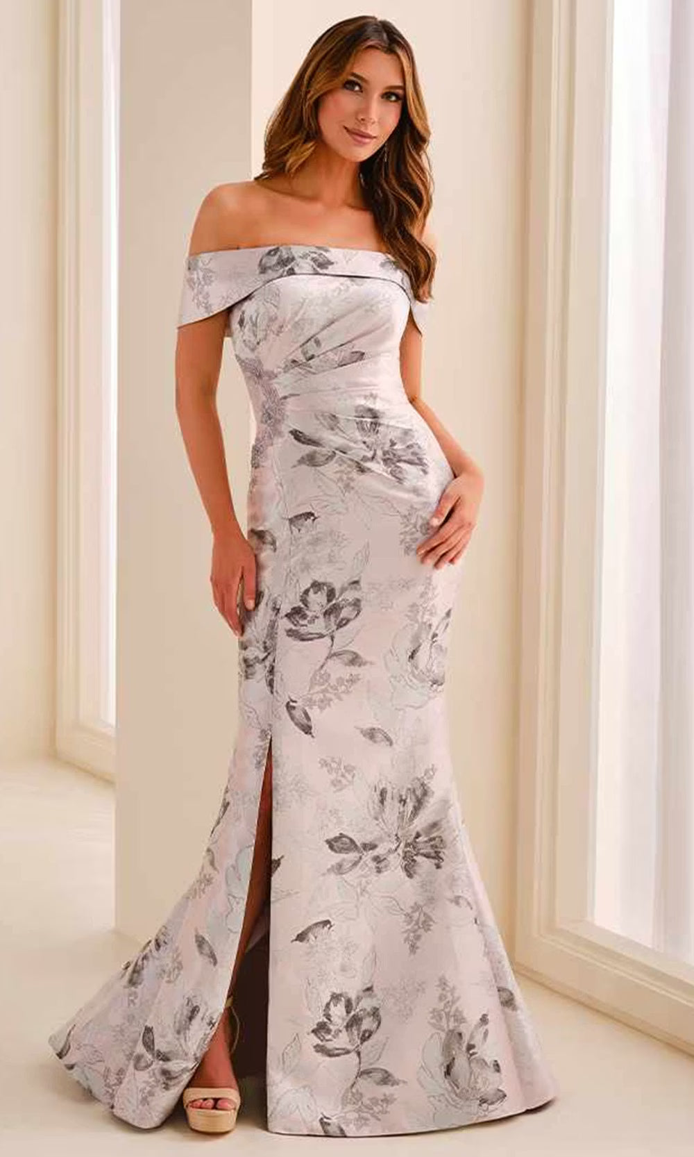 Cameron Blake CB441 - Straight Neckline Jacquard Dress with Slit Mother of the Bride Dresses in Pink  