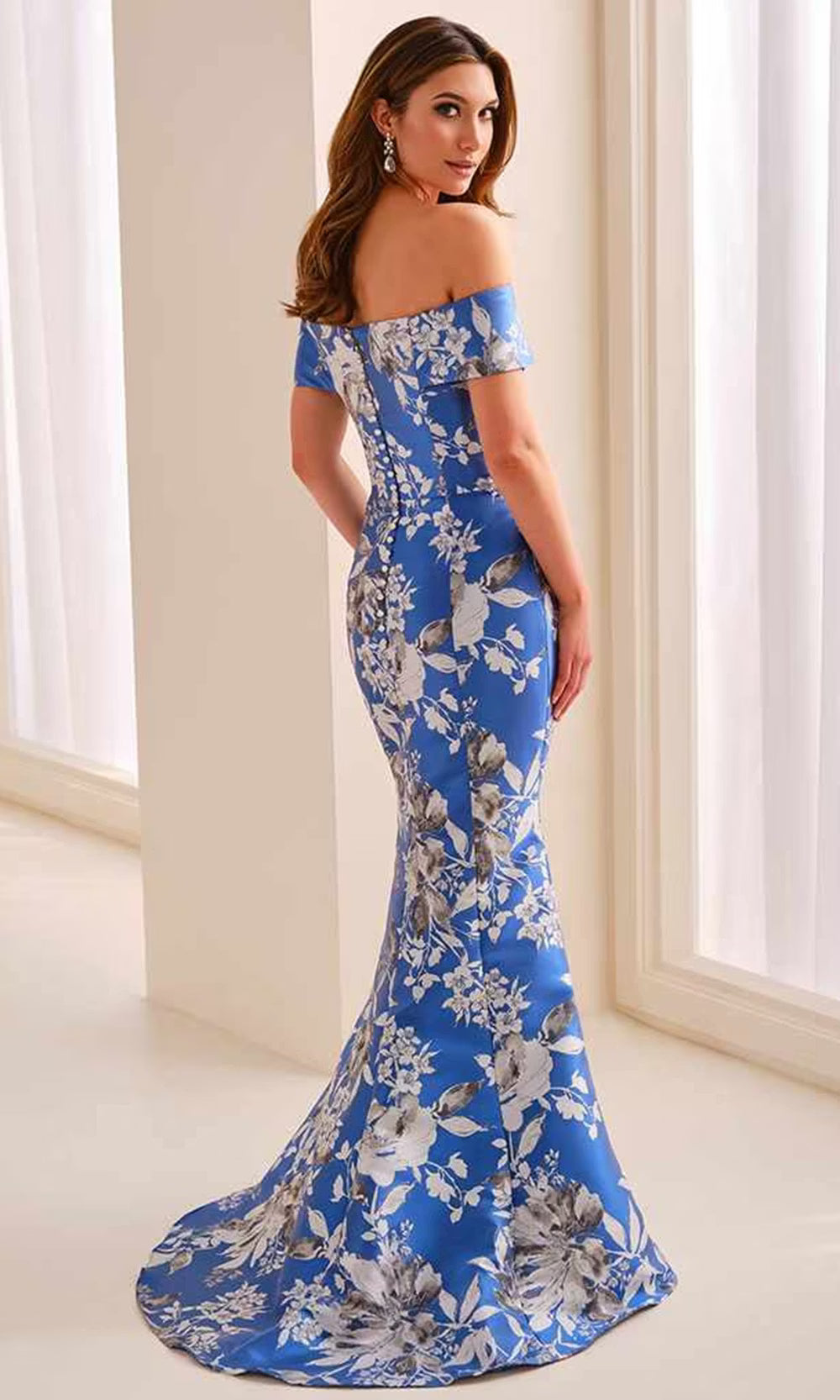 Cameron Blake CB441 - Straight Neckline Jacquard Dress with Slit Mother of the Bride Dresses in Blue  