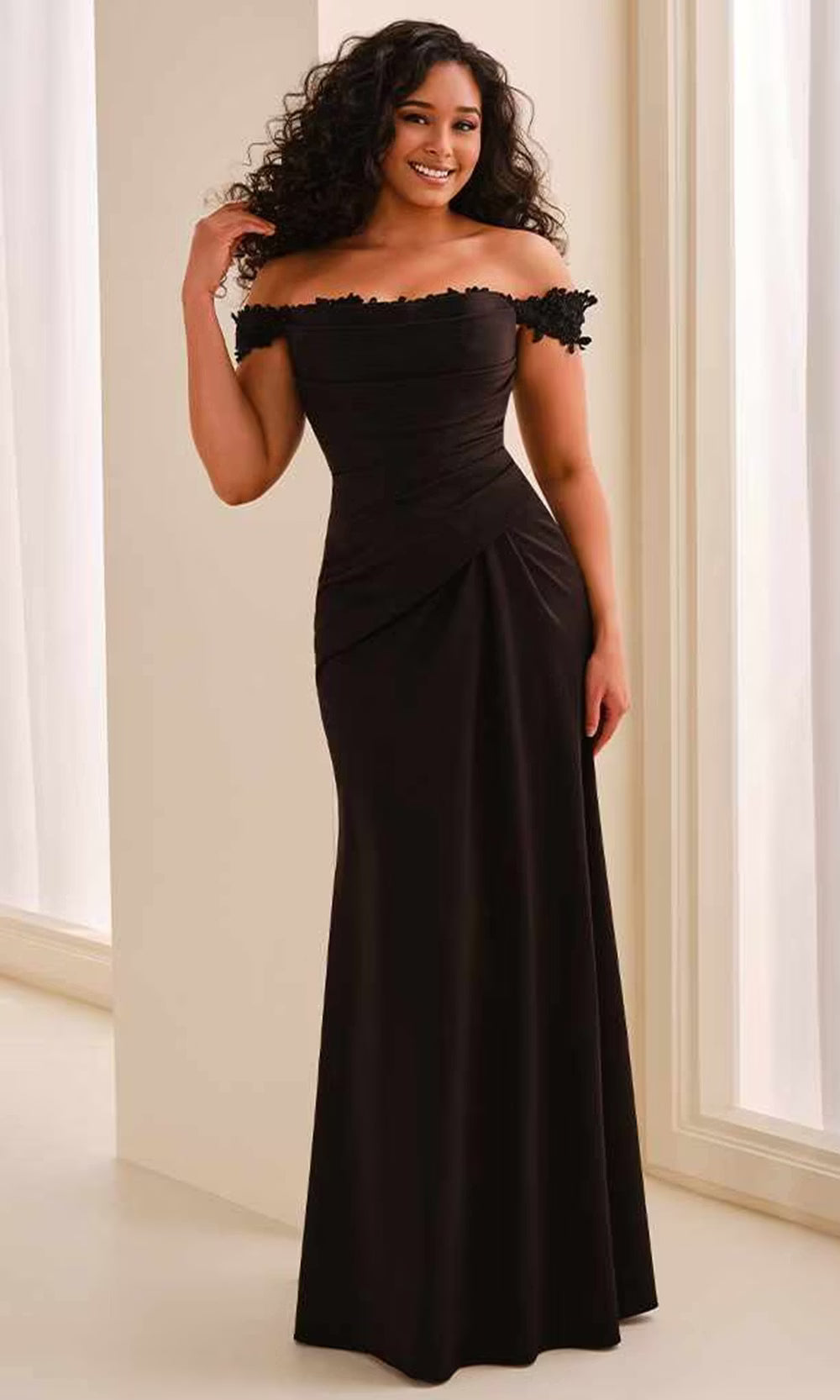 Cameron Blake CB444 - Off Shoulder Draped Dress with Applique Mother of the Bride Dresses in Black  