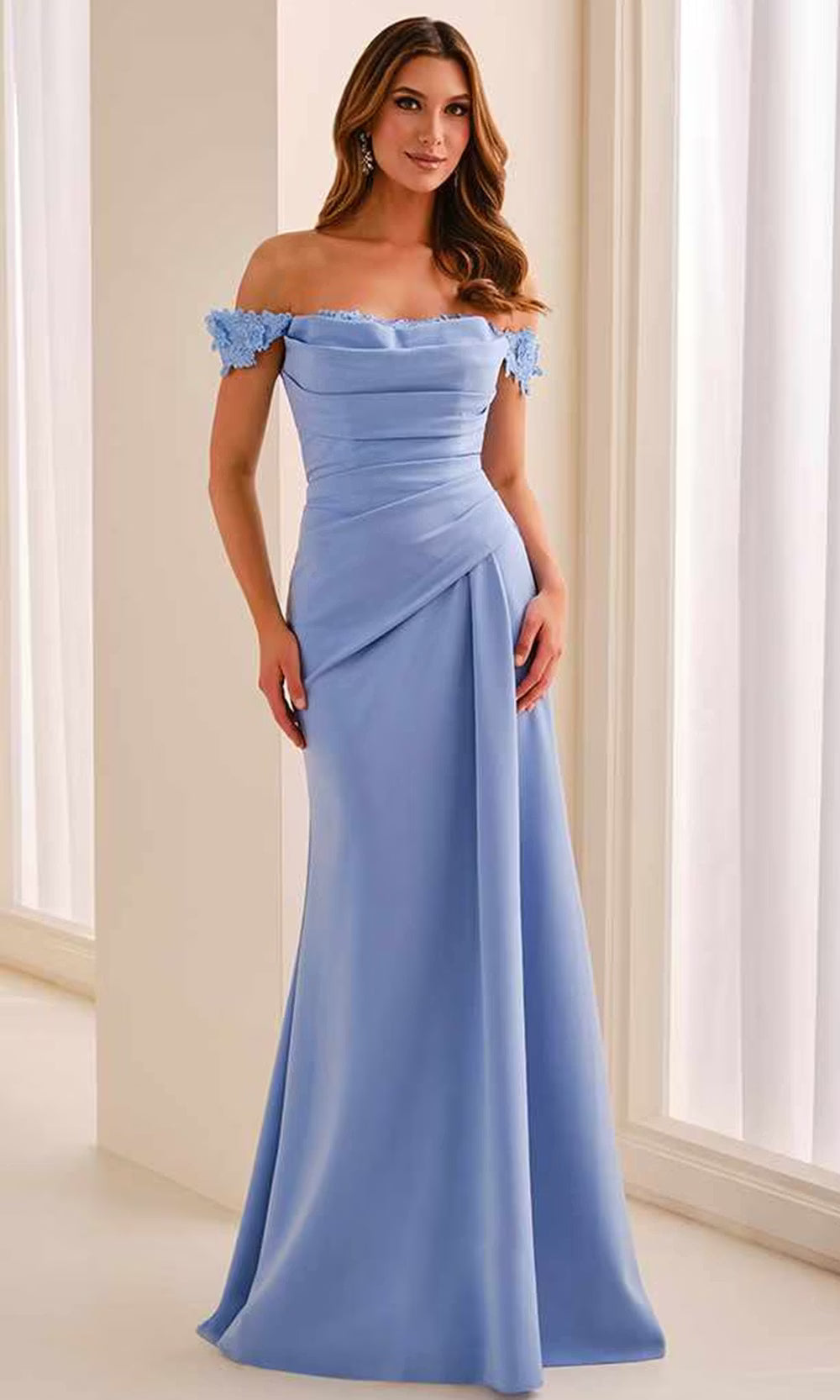 Cameron Blake CB444 - Off Shoulder Draped Dress with Applique Mother of the Bride Dresses in Blue  