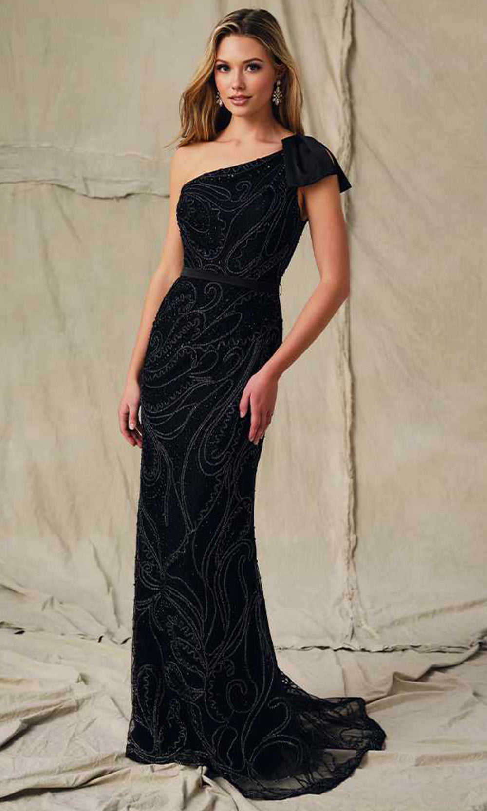 Cameron Blake CB446 - Bow Shoulder Soutache Formal Dress Mother of the Bride Dresses in Black  