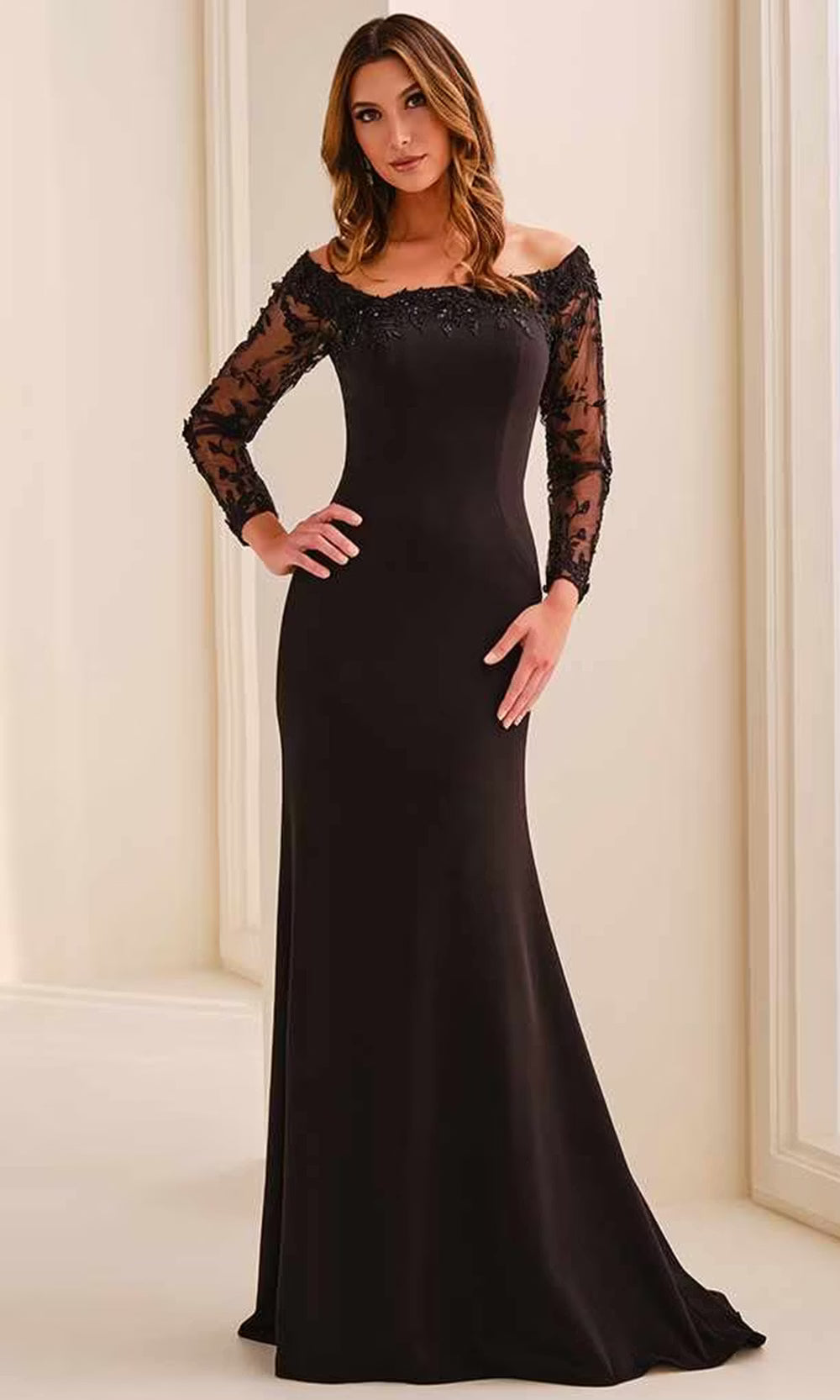 Cameron Blake CB449 - Long Illusion Sleeve Embroidered Dress Mother of the Bride Dresses in Black  