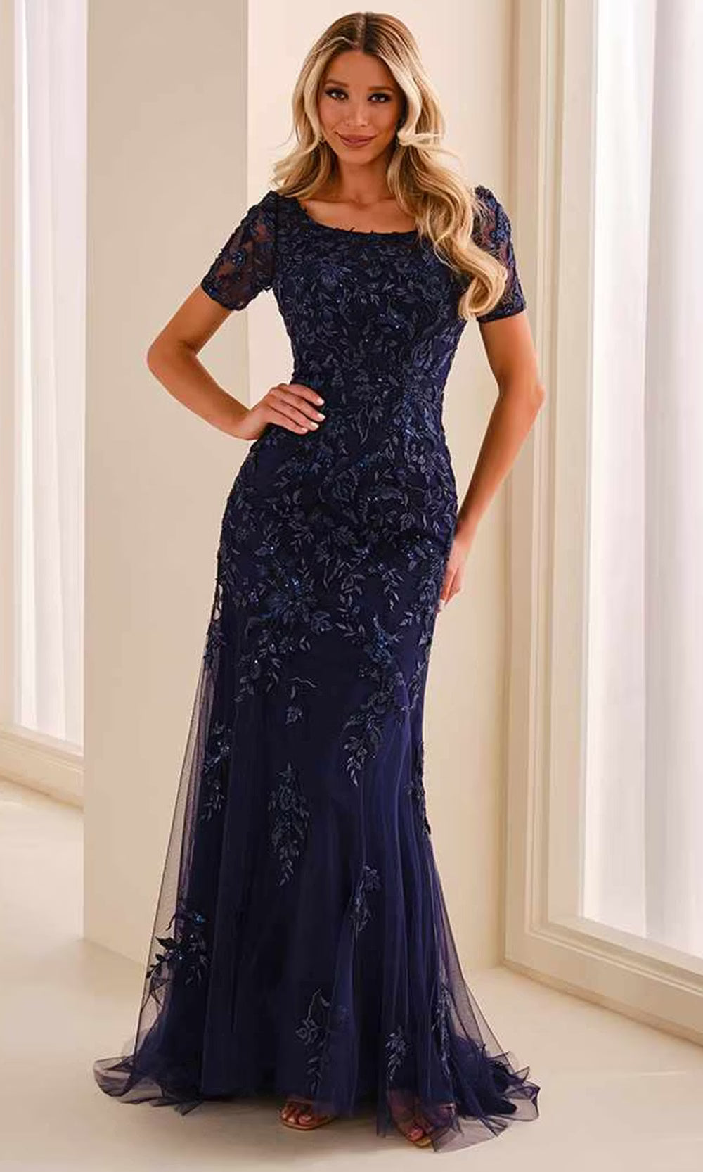 Cameron Blake CB450 - Mermaid Scoop Neck Lace Applique Dress Mother of the Bride Dresses in Blue  
