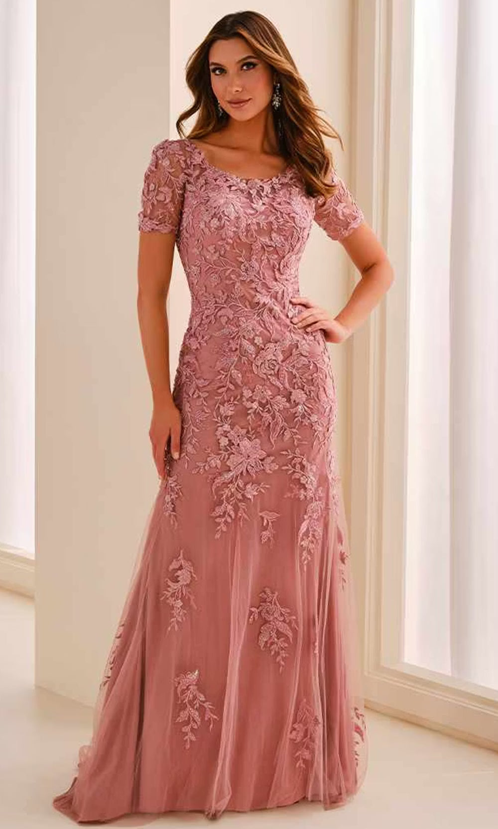 Cameron Blake CB450 - Mermaid Scoop Neck Lace Applique Dress Mother of the Bride Dresses in Pink  