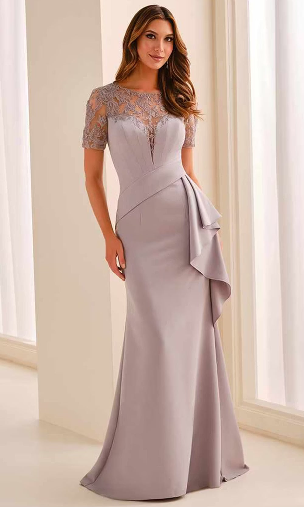 Cameron Blake CB451 - Jewel Neck Draped Sheath Dress Mother of the Bride Dresses in Gray  