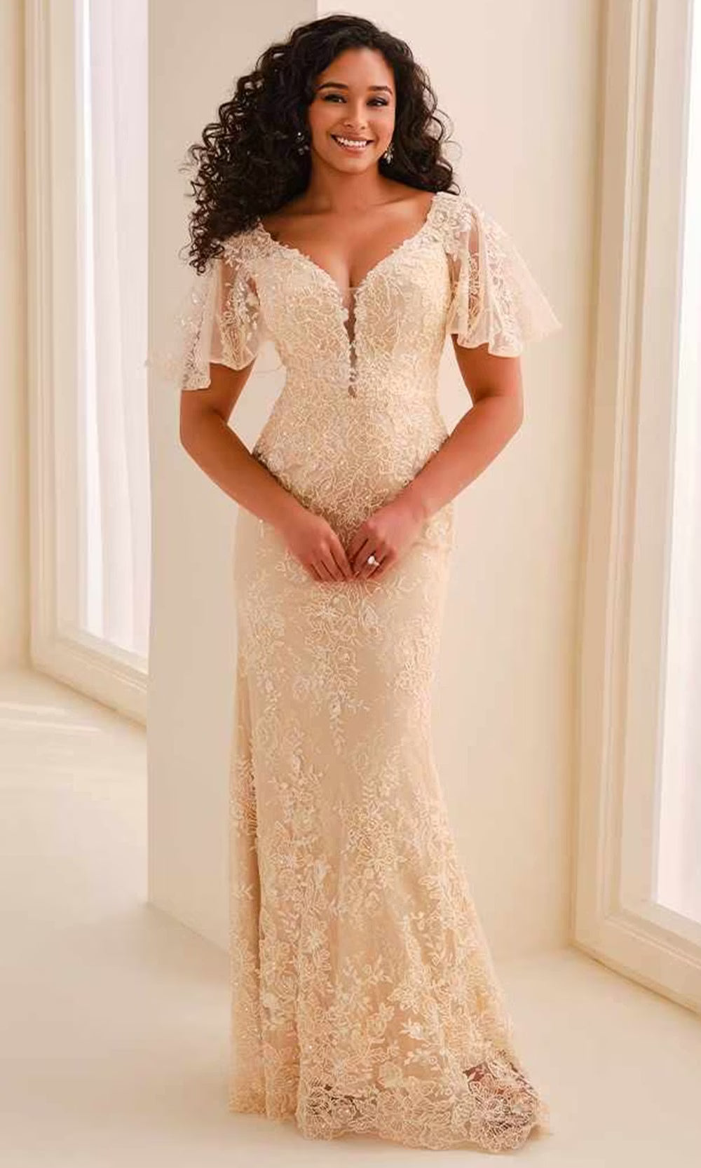 Cameron Blake CB453 - Embellished Lace V-Neck Sheath Dress Mother of the Bride Dresses in Neutral  