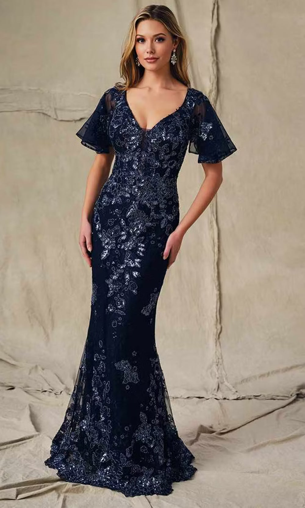 cameron blake navy blue dress CB453 - Long Embroidered Tulle, Allover Lace, Beading & Sequin Sheath Sleeveless Striped Ruffle Detail red prom dresses Height:140cm The gowns flowing stretch