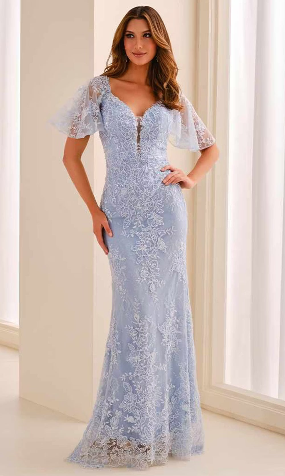 Cameron Blake CB453 - Embellished Lace V-Neck Sheath Dress Mother of the Bride Dresses in Blue  