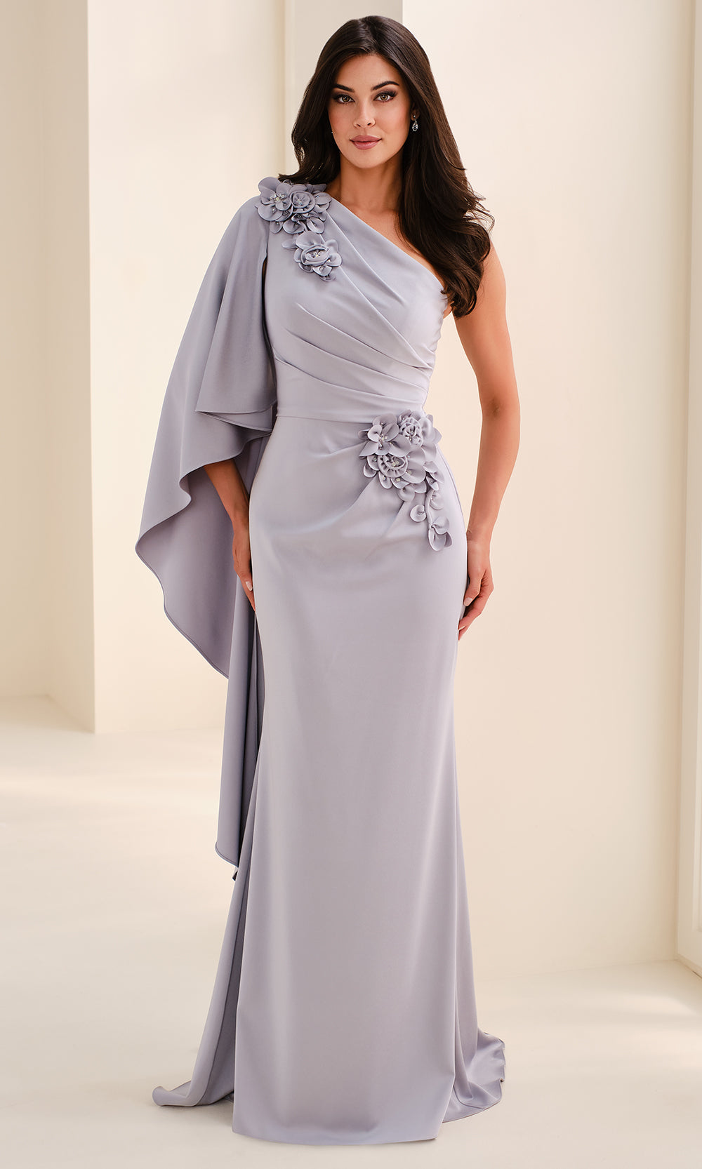 Cameron Blake CB826 - Asymmetric Fitted Crepe Gown with Floral Applique Formal Gowns