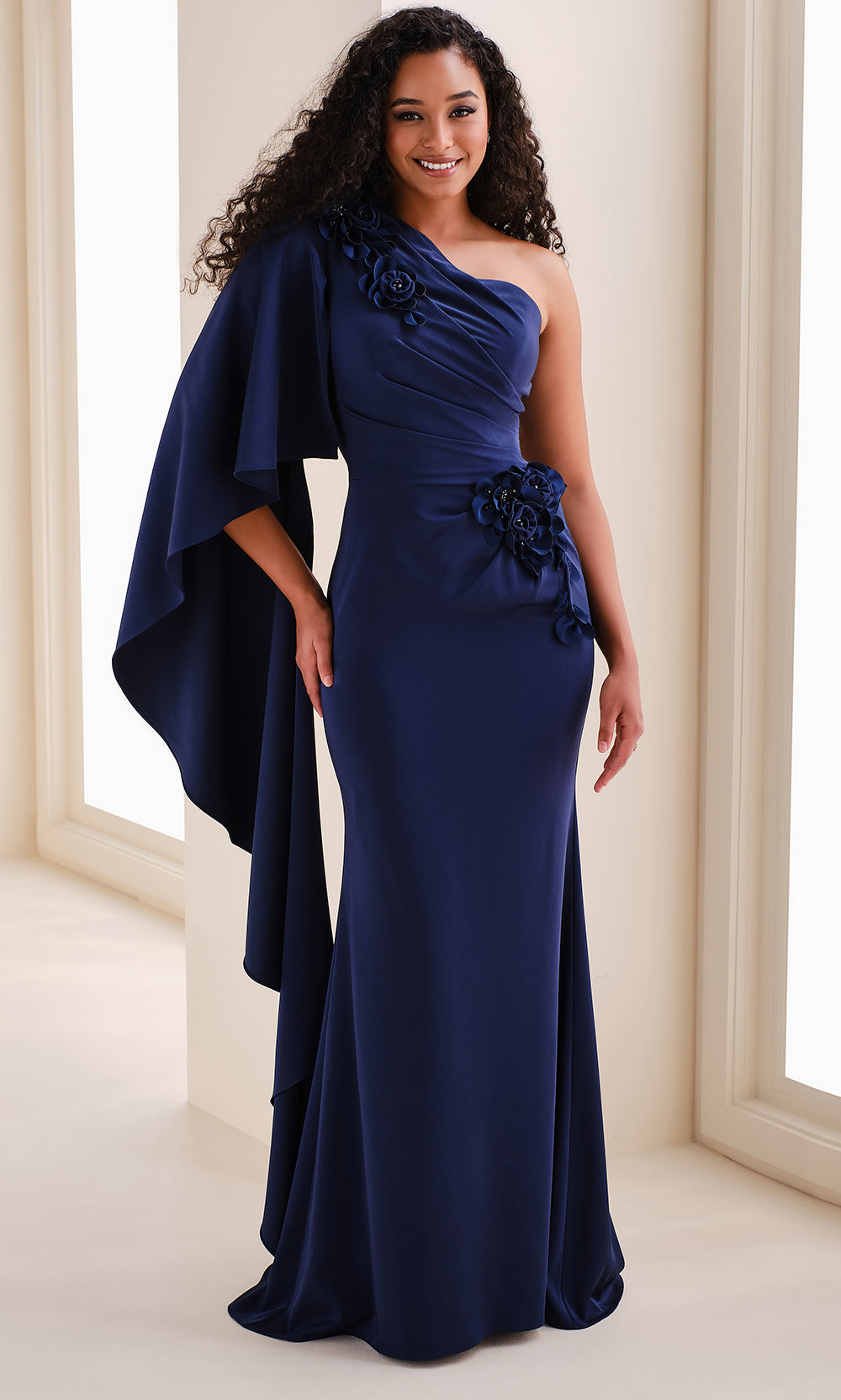 Cameron Blake CB826 - Asymmetric Fitted Crepe Gown with Floral Applique Formal Gowns