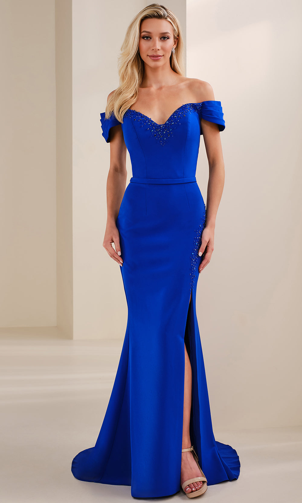 Cameron Blake CB906 - Pleated Off Shoulder Gown with Slit Formal Gowns