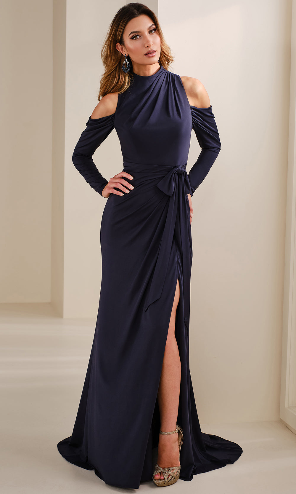 Cameron Blake CB912 - Long Sleeve Ruched Gown with Slit Formal Gowns