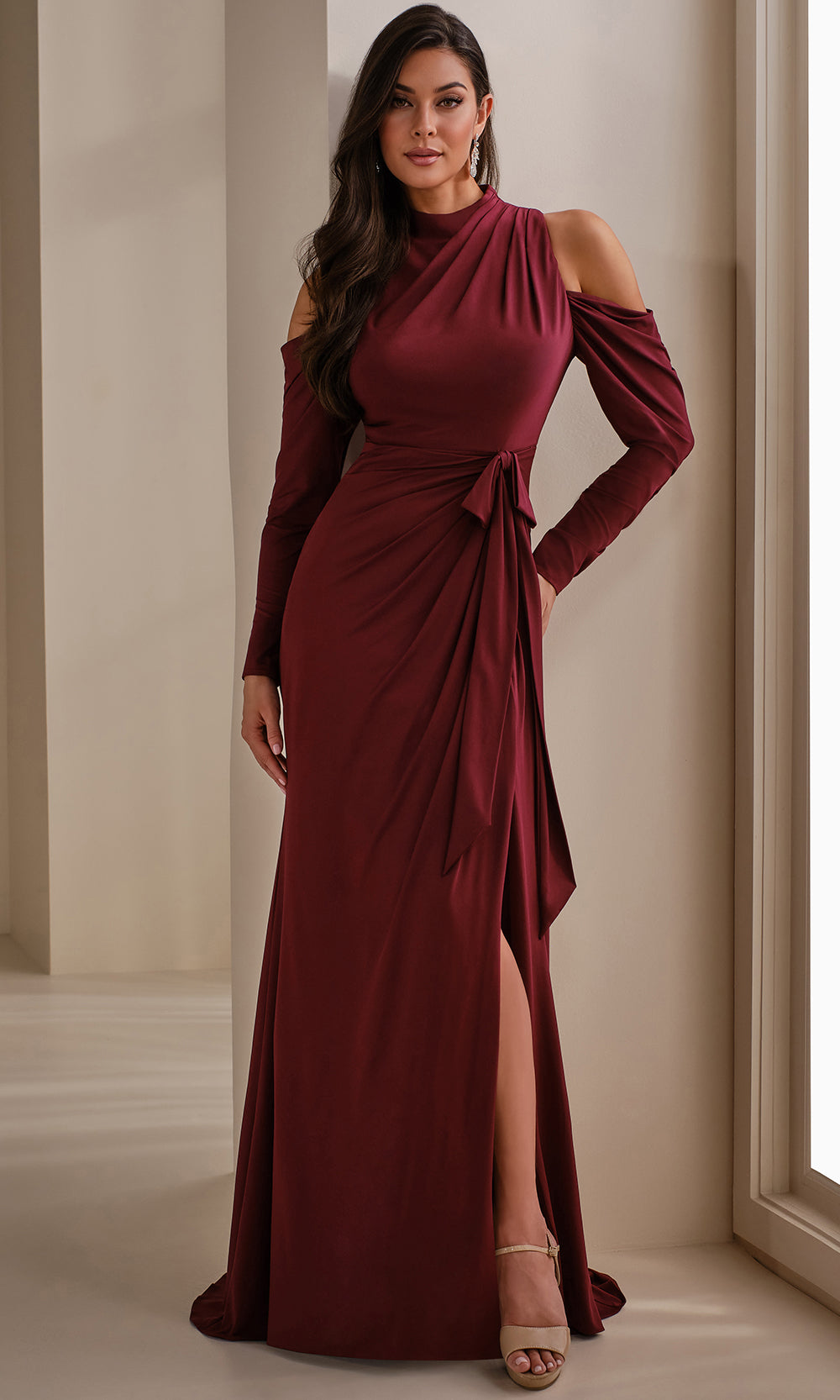Cameron Blake CB912 - Long Sleeve Ruched Gown with Slit Formal Gowns