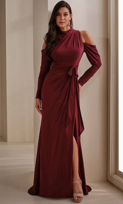 Cameron Blake CB912 - Long Sleeve Ruched Gown with Slit Formal Gowns