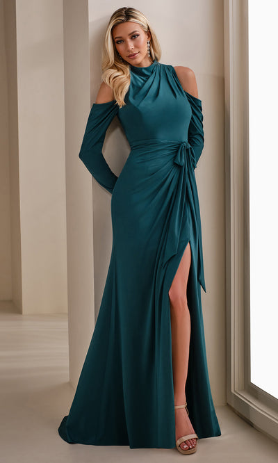 Cameron Blake CB912 - Long Sleeve Ruched Gown with Slit Formal Gowns