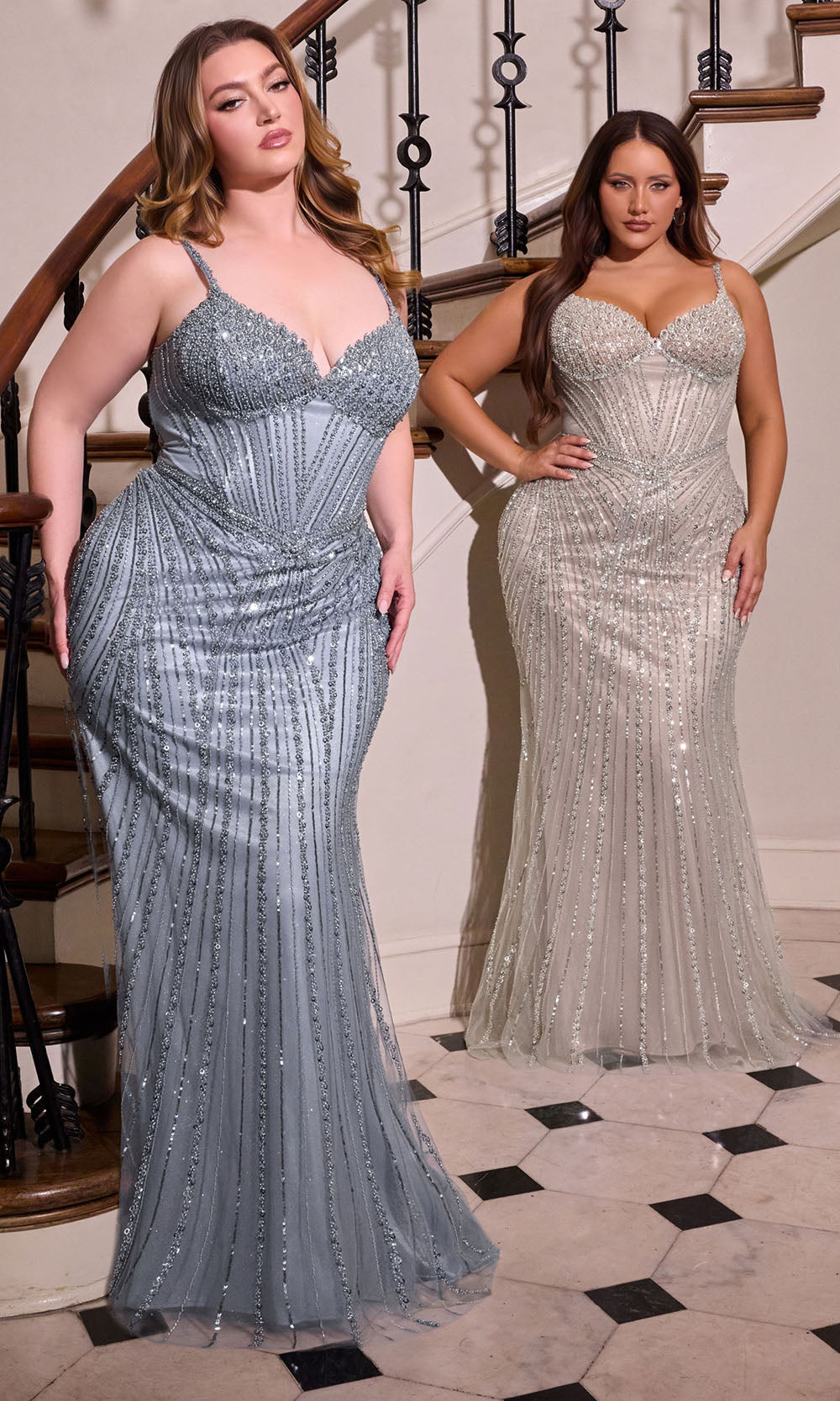 Ladivine CC398C - Spaghetti Strap Beaded Mesh Long Gown Prom Dresses in Silver Blue