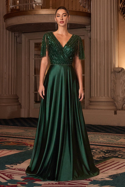 Ladivine CC447 - Flutter Sleeve Satin A-Line Formal Gown In Green