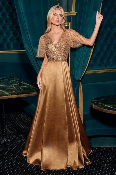 Ladivine CC447 - Flutter Sleeve Satin A-Line Formal Gown In Gold
