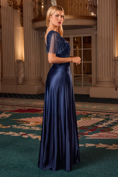 Ladivine CC447 - Flutter Sleeve Satin A-Line Formal Gown In Blue