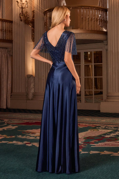 Ladivine CC447 - Flutter Sleeve Satin A-Line Formal Gown In Blue