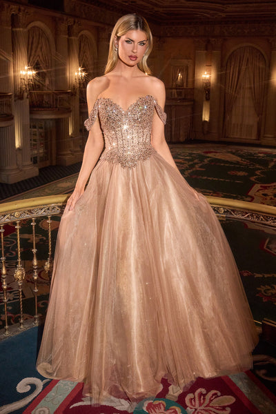 Ladivine CC471 - Beaded Top Off-Shoulder Evening Gown In Brown and Gold