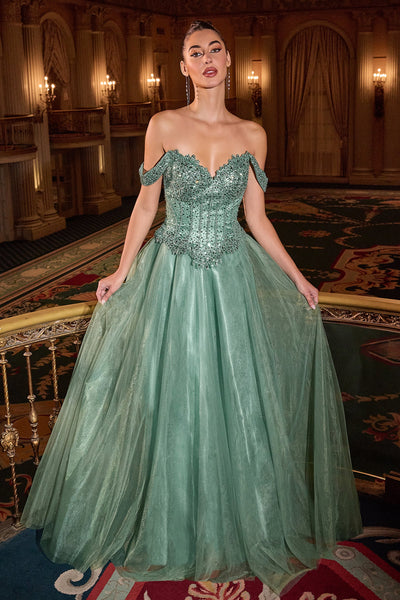 Ladivine CC471 - Beaded Top Off-Shoulder Evening Gown In Green