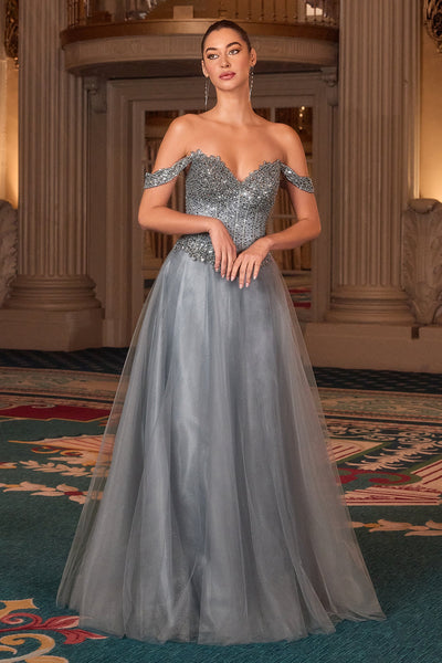 Ladivine CC471 - Beaded Top Off-Shoulder Evening Gown In Blue