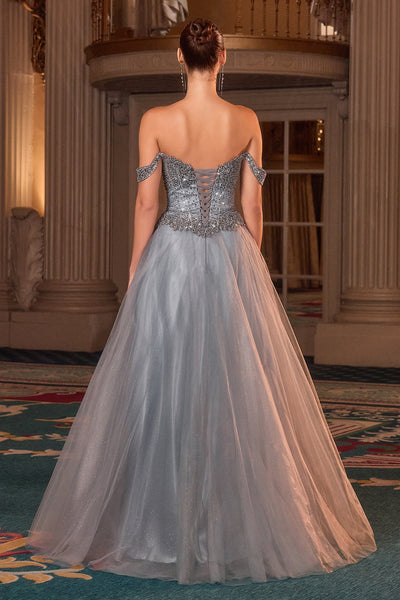 Ladivine CC471 - Beaded Top Off-Shoulder Evening Gown In Blue