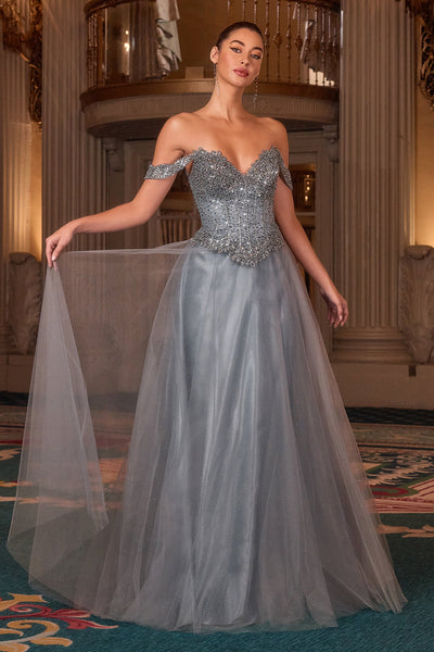 Ladivine CC471 - Beaded Top Off-Shoulder Evening Gown In Blue