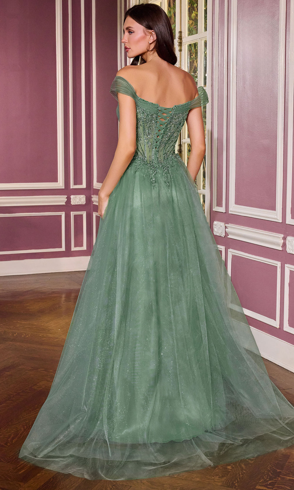 Ladivine CC493 - Off Shoulder Beaded Tulle Evening Gown Prom Dresses In Sage