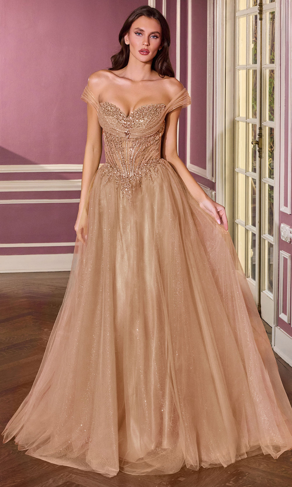 Ladivine CC493 - Off Shoulder Beaded Tulle Evening Gown Prom Dresses In Mocha