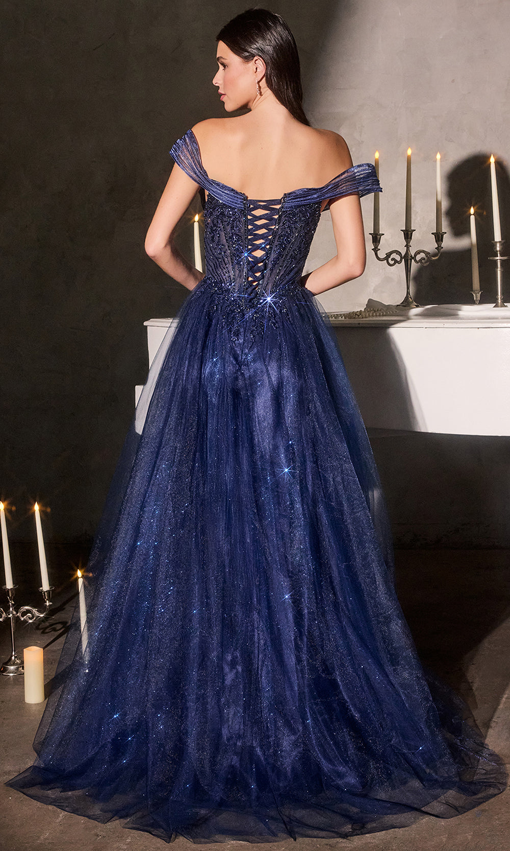 Ladivine CC493 - Off Shoulder Beaded Tulle Evening Gown Prom Dresses In Navy