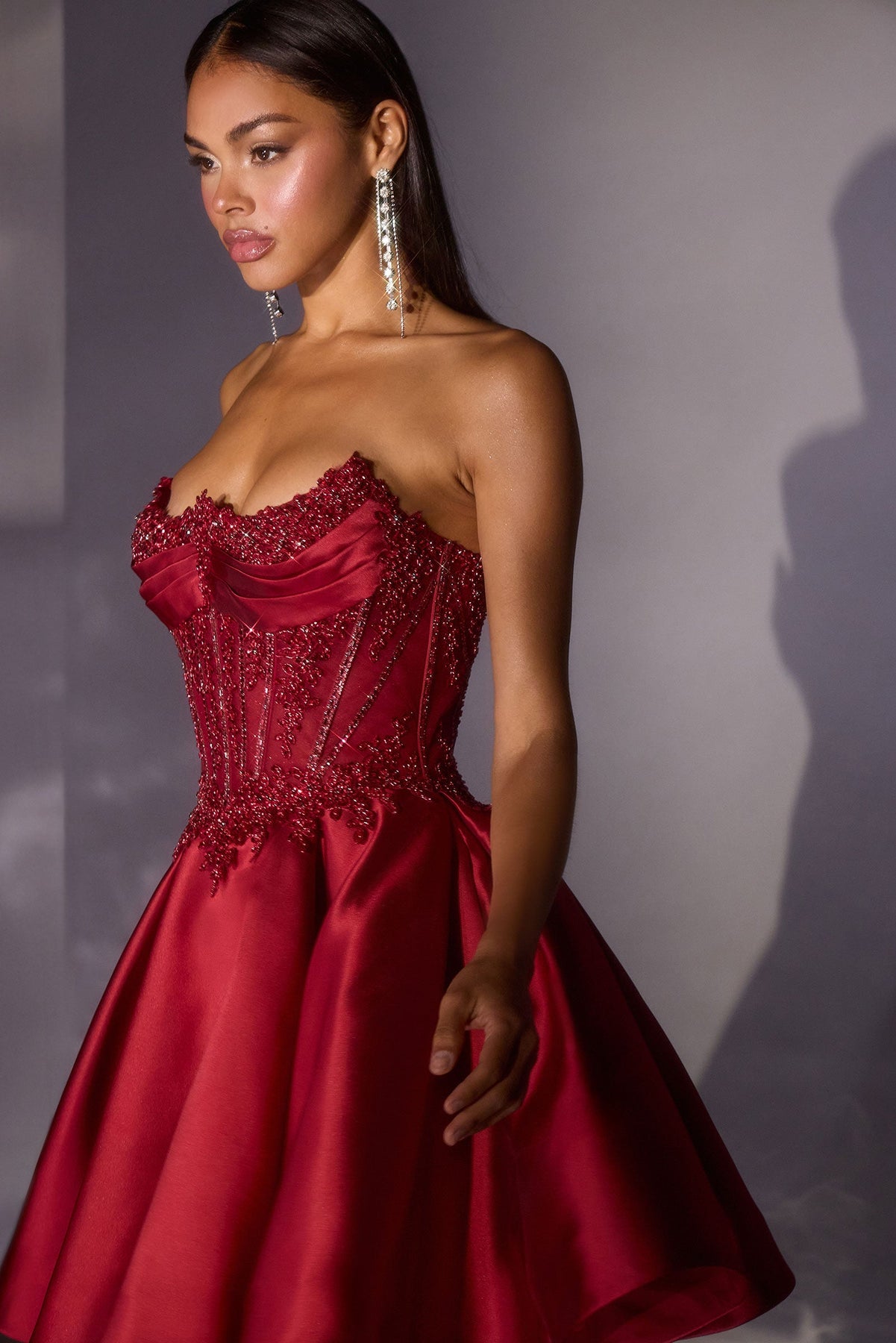 Ladivine CC502 - Beaded Corset Modified Scoop Short Dress In Red