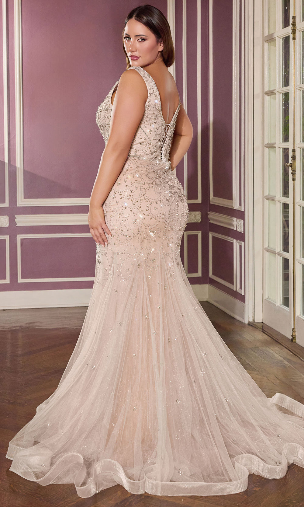 Ladivine CC8270C - Wide Strap Mermaid Embellished Gown Prom Dresses in Silver Nude