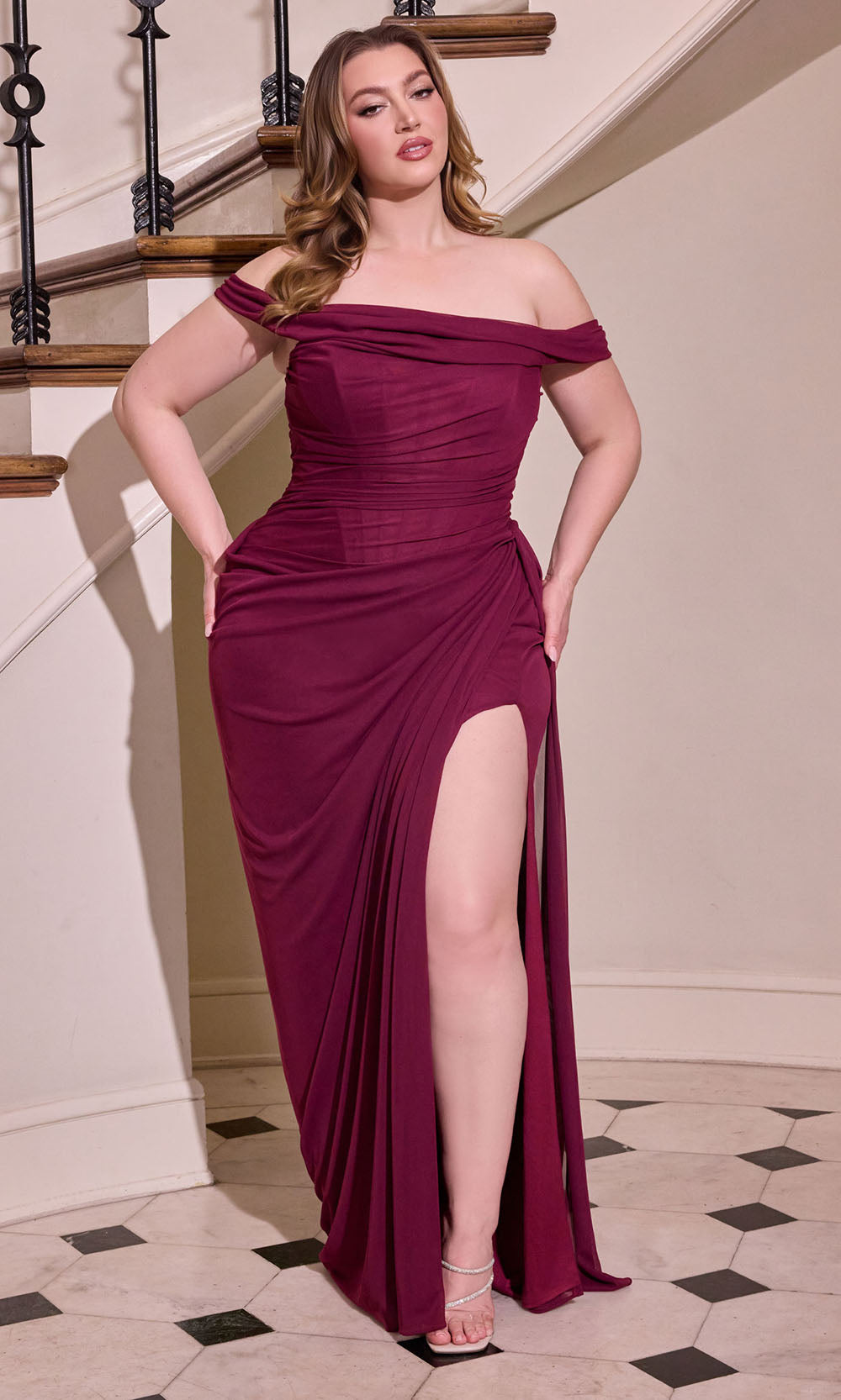 Ladivine CD387C - Draped Neckline High Slit Evening Gown Prom Dresses In  Mulberry
