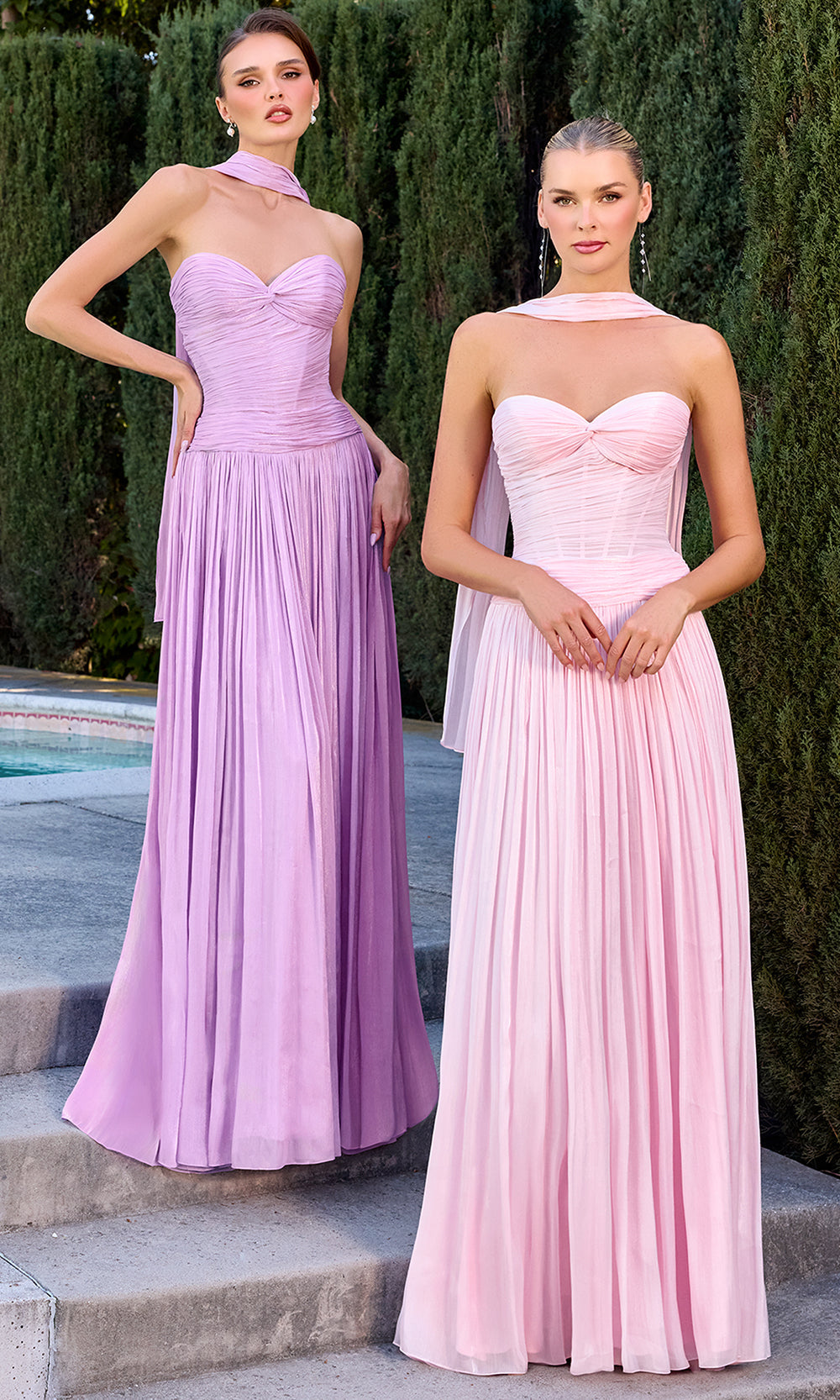 Ladivine CD414 - Knotted Bust Pleated Chiffon Gown Prom Dresses in Pink Lacender