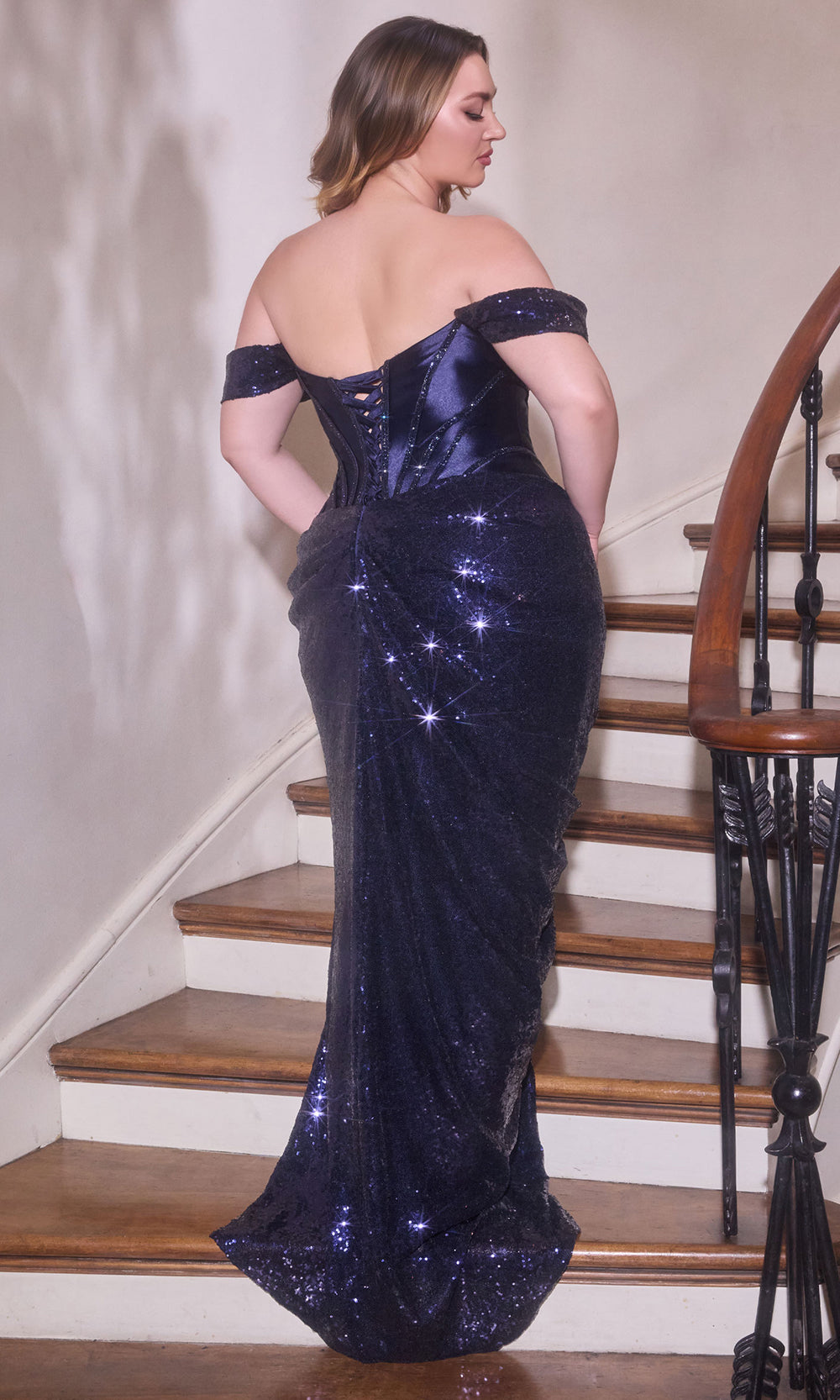 Ladivine CD422C - Lace-Up Back Sparkle Sheath Gown Prom Dresses in Navy