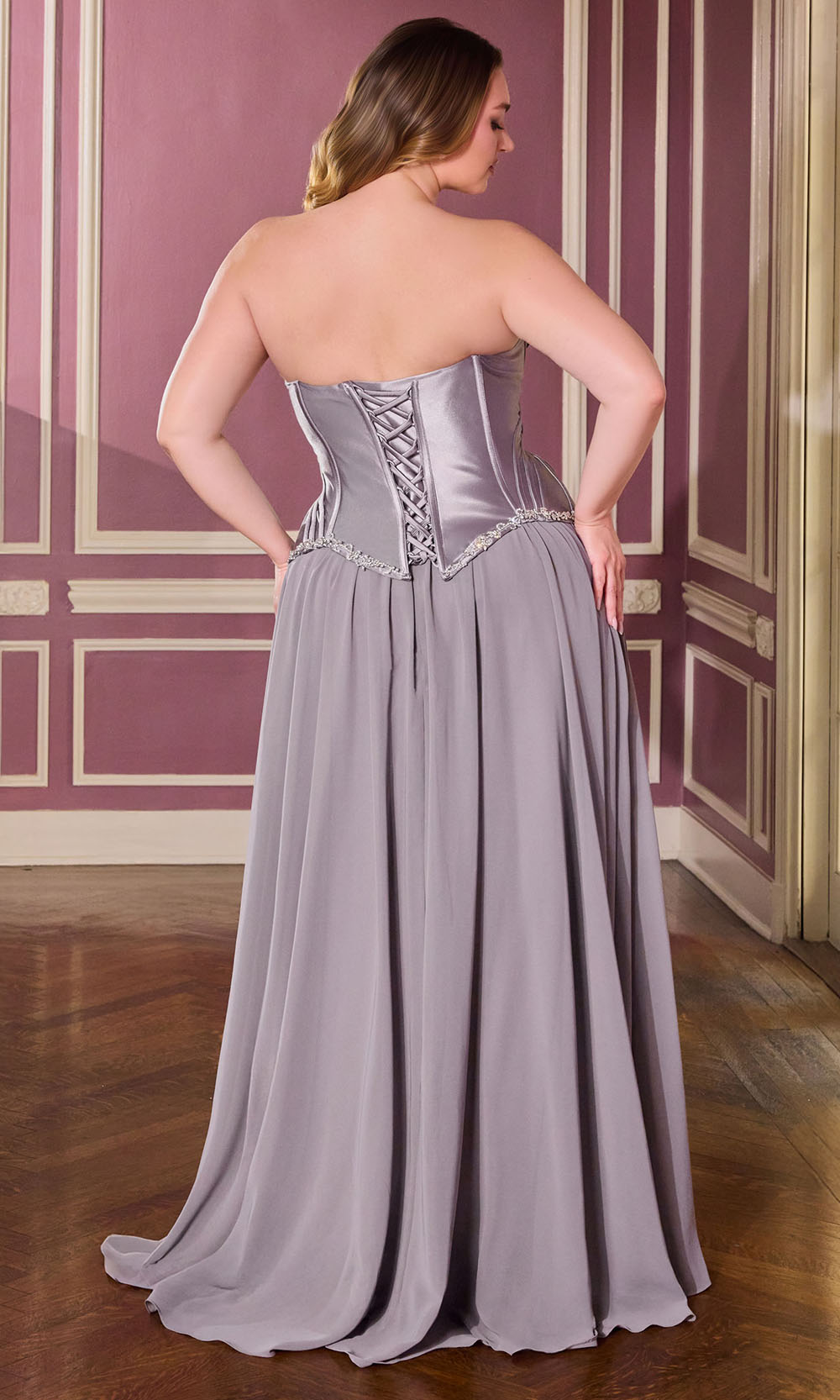 Ladivine CD668C - Embellished Bodice Lace-Up Back Gown Prom Dresses in Dark Silver