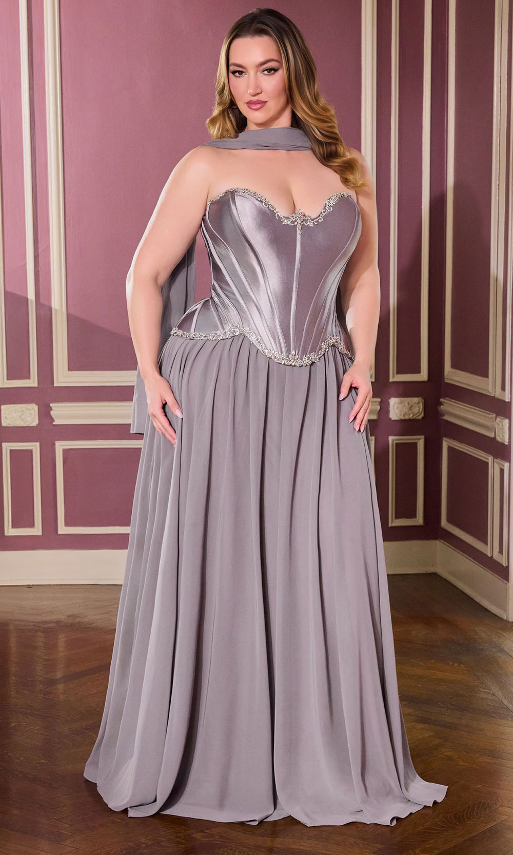 Ladivine CD668C - Embellished Bodice Lace-Up Back Gown Prom Dresses in Dark Silver