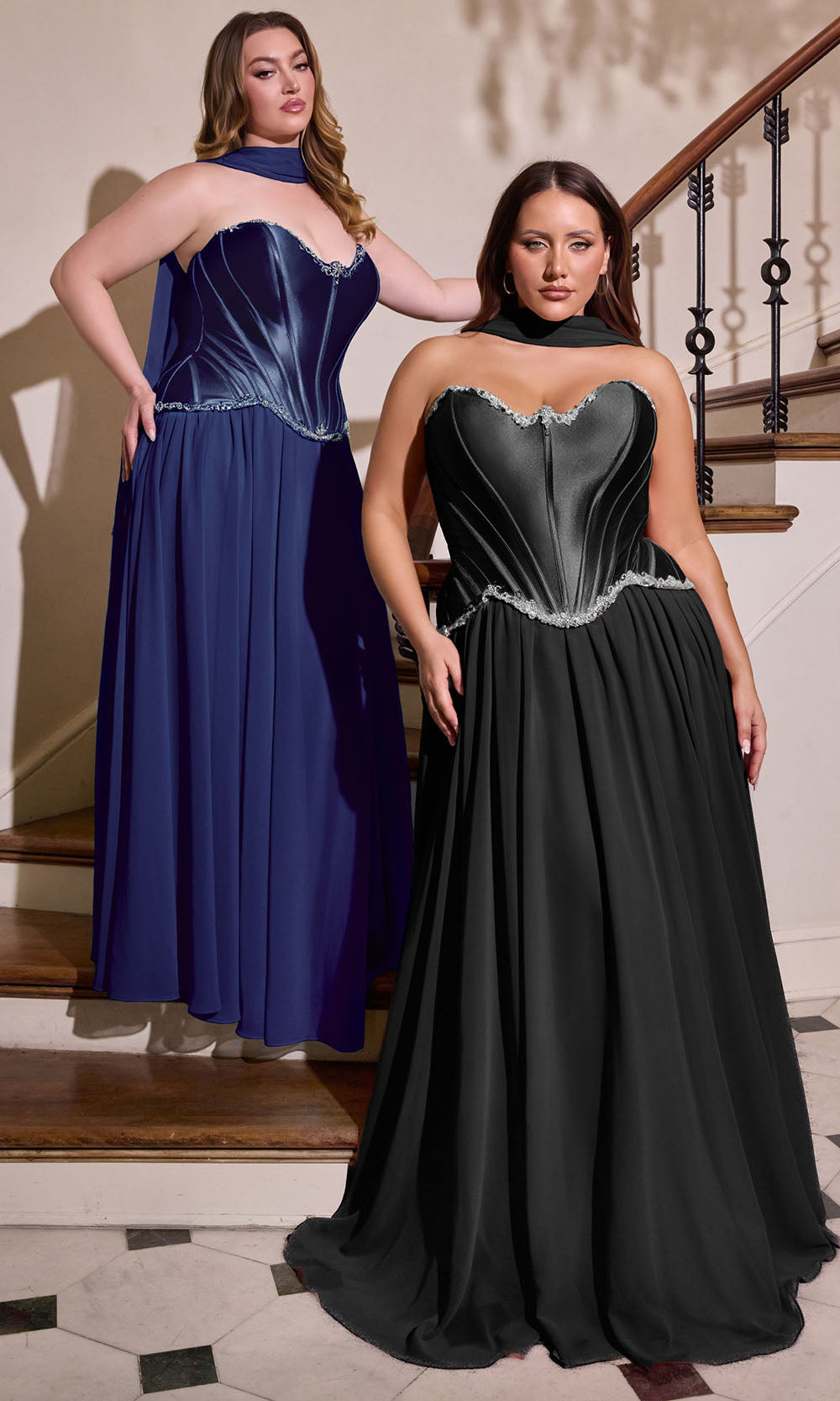 Ladivine CD668C - Embellished Bodice Lace-Up Back Gown Prom Dresses in Navy Black