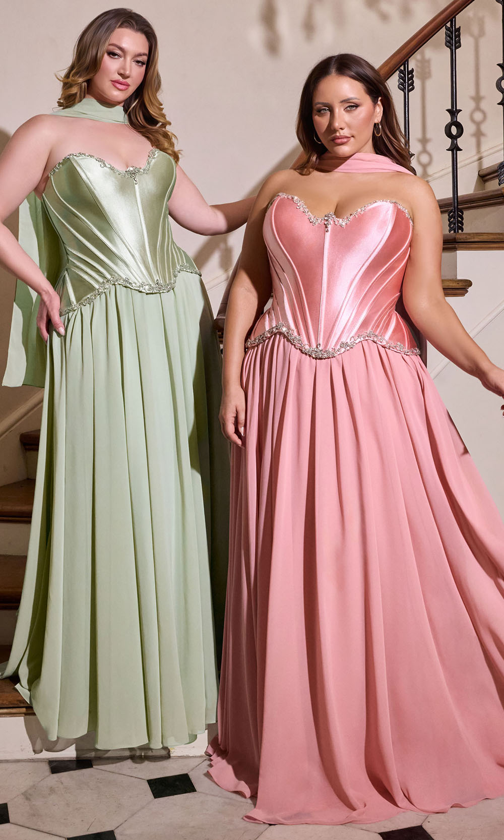 Ladivine CD668C - Embellished Bodice Lace-Up Back Gown Prom Dresses in Sage Rose